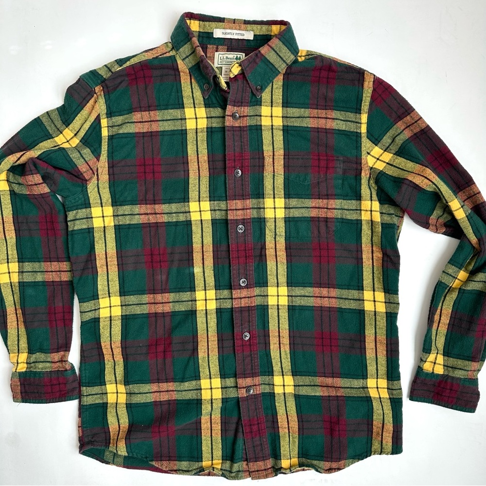 L.L. Bean Slightly Fitted Flannel Button Down Shirt Green and Yellow M